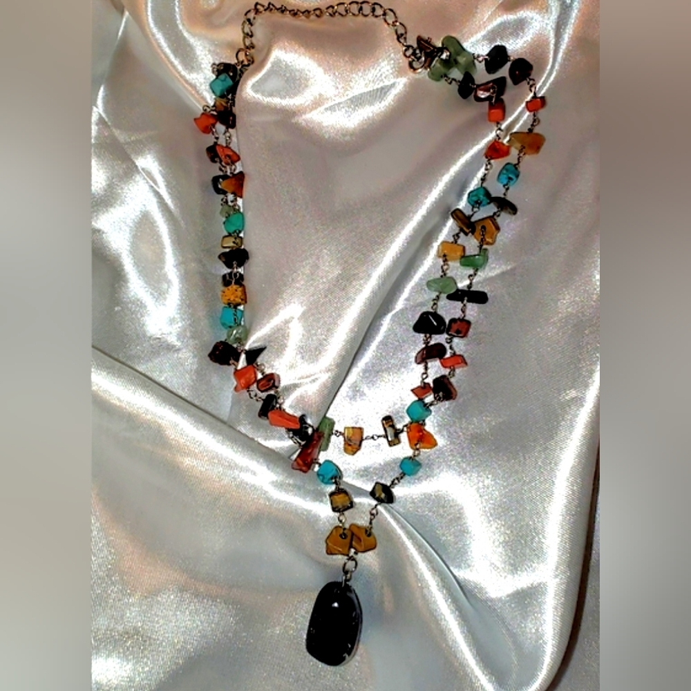 Vintage Multiple Gemstone Necklace Linked Together With Silvertone Links